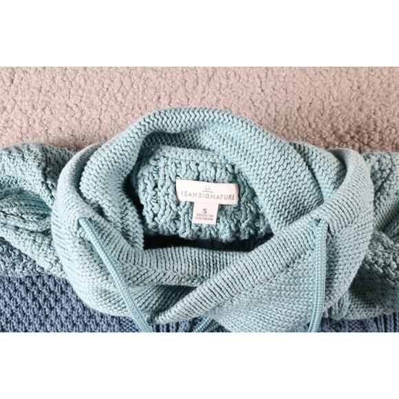 LL Bean Sweater Womens S Green Striped Double L Mixed Cable Knit Funnel Neck - Picture 3 of 5